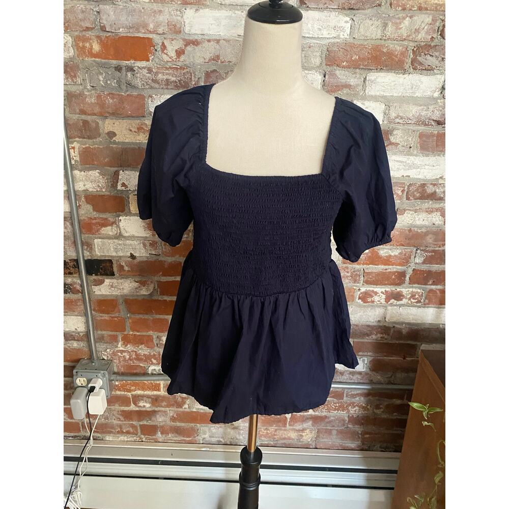 LOFT Navy Blue Smocked Puff Sleeve Peplum Top Size L
